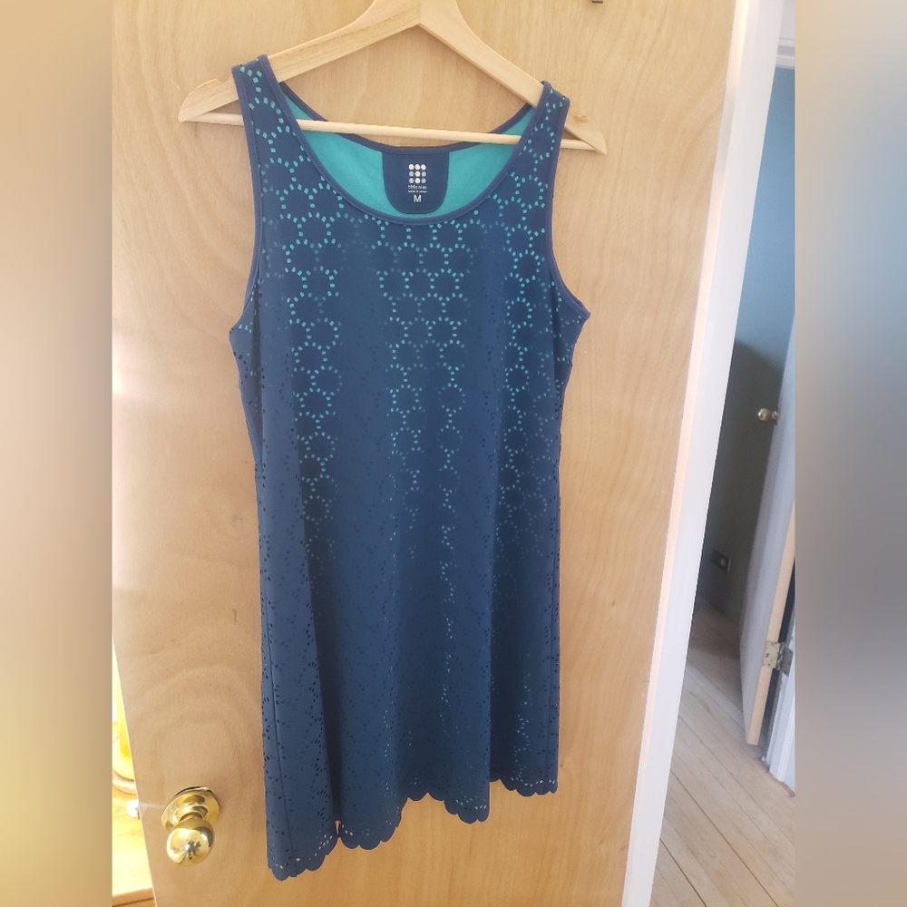 Title Nine Nimblene Illusion Scoop Neck Eyelet Laser Cut Dress Teal Blue, Size M